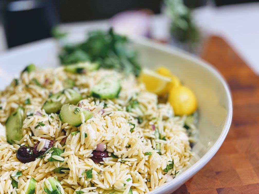 Food By Joe Recipe Greek Orzo Pasta Salad olives feta