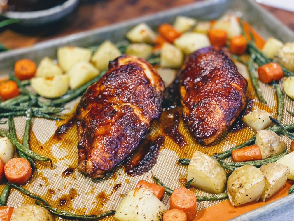 Optimized Food BY Joe Recipe One Pan Sheet Pan BBQ Barbecue Chicken Roasted Vegetables